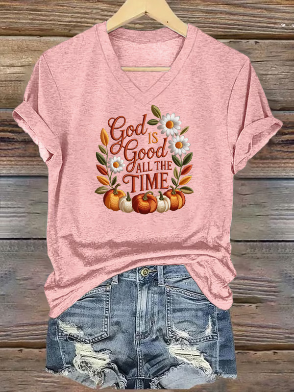  Women's God Good All The Time  Pattern Print V Neck Casual T-Shirt