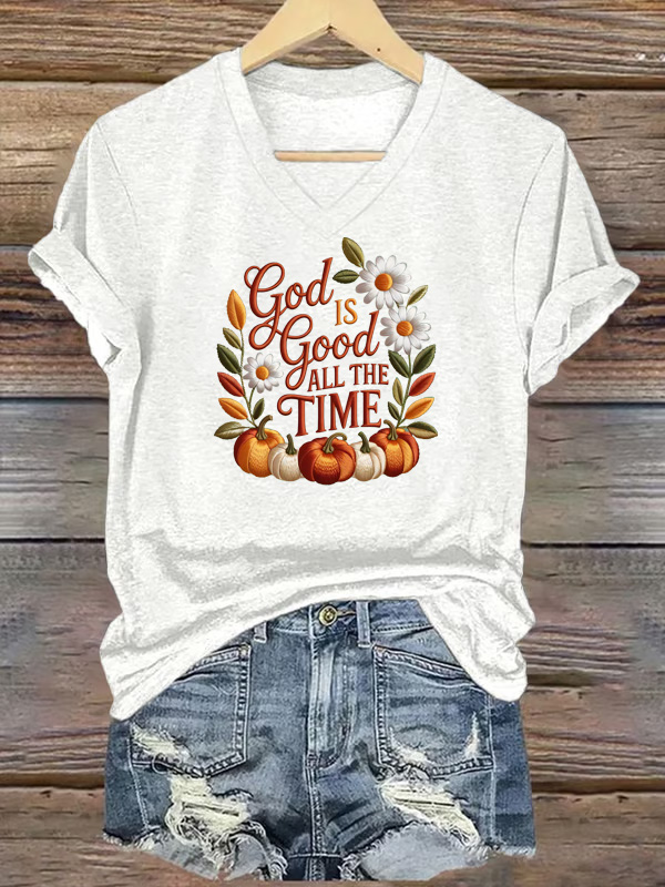  Women's God Good All The Time  Pattern Print V Neck Casual T-Shirt