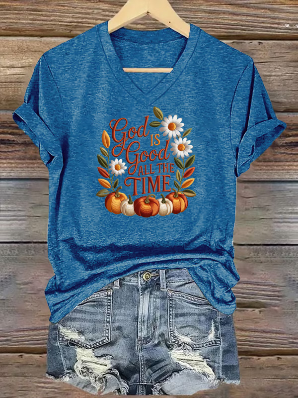  Women's God Good All The Time  Pattern Print V Neck Casual T-Shirt