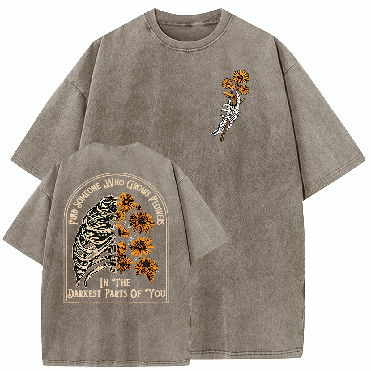 Find Someone Who Grows Flowers Sunflower Pattern  Washed Distressed Crew Neck 100% Cototon T-Shirt