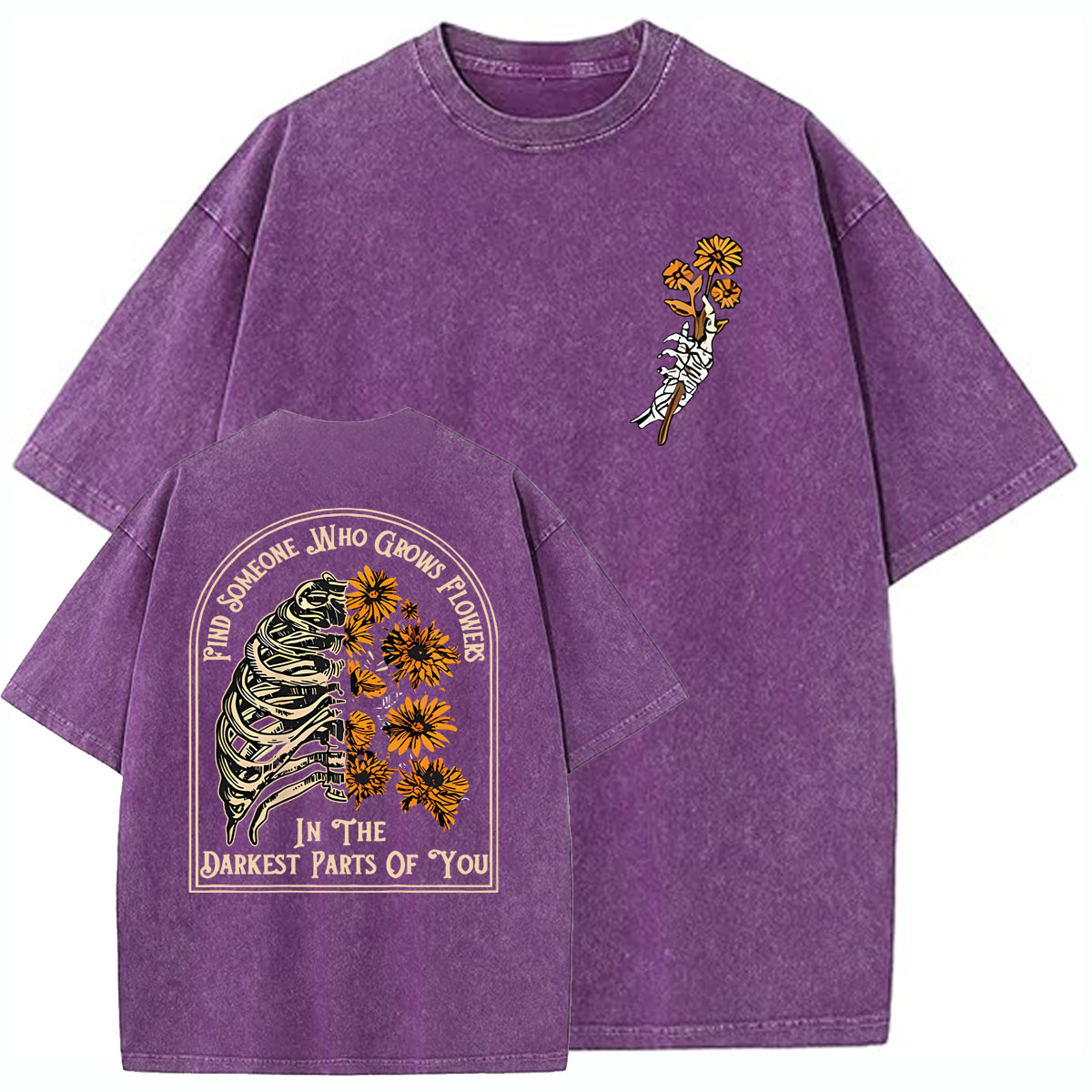 Find Someone Who Grows Flowers Sunflower Pattern  Washed Distressed Crew Neck 100% Cototon T-Shirt