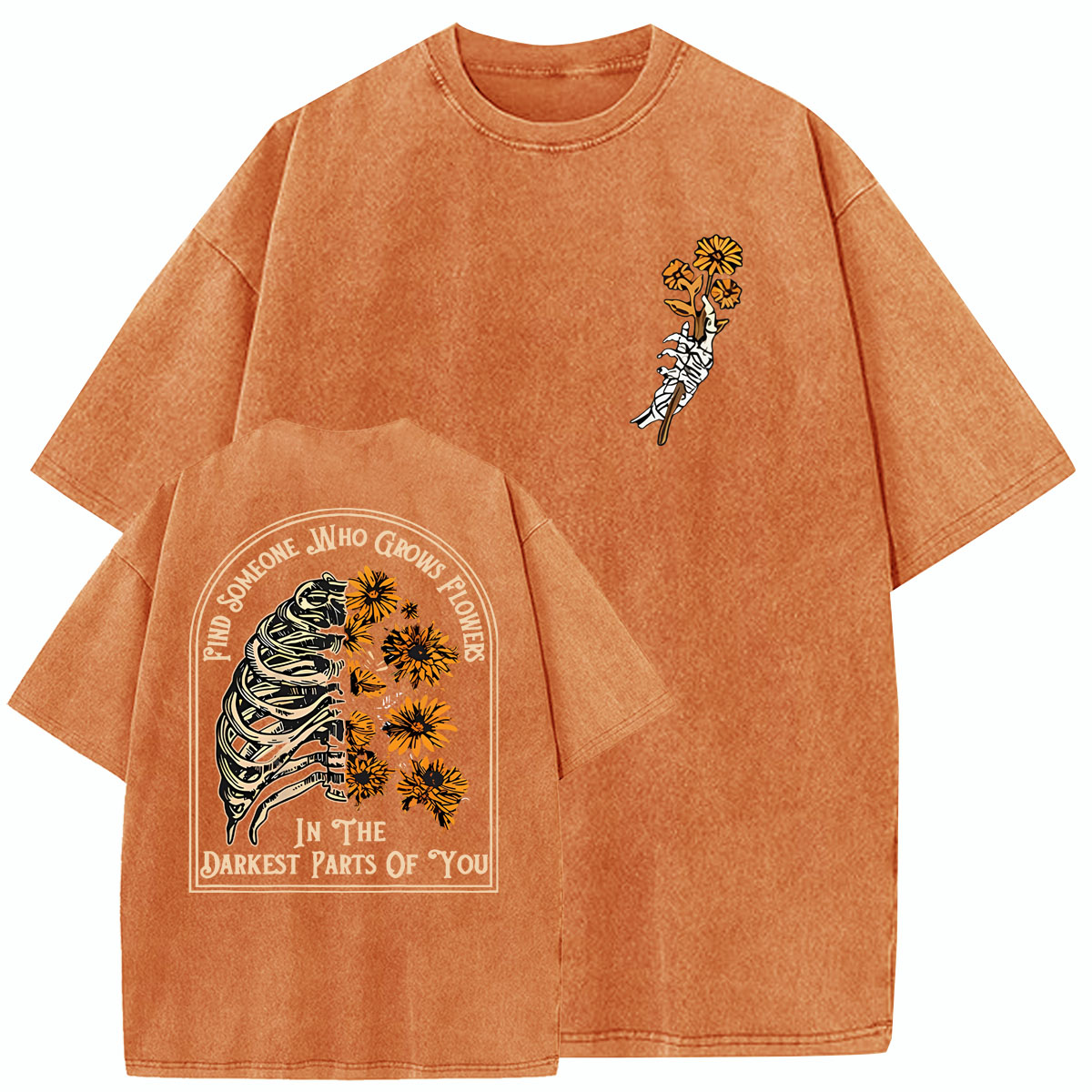 Find Someone Who Grows Flowers Sunflower Pattern  Washed Distressed Crew Neck 100% Cototon T-Shirt