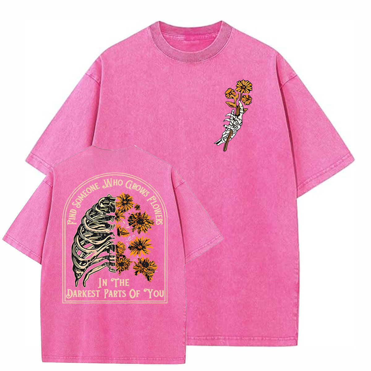 Find Someone Who Grows Flowers Sunflower Pattern  Washed Distressed Crew Neck 100% Cototon T-Shirt