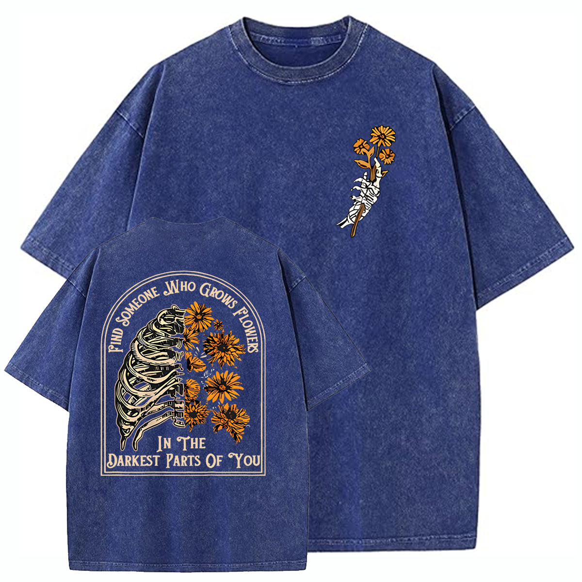 Find Someone Who Grows Flowers Sunflower Pattern  Washed Distressed Crew Neck 100% Cototon T-Shirt