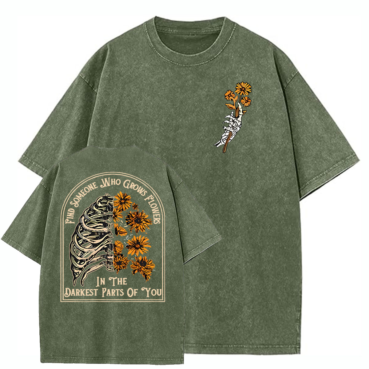 Find Someone Who Grows Flowers Sunflower Pattern  Washed Distressed Crew Neck 100% Cototon T-Shirt