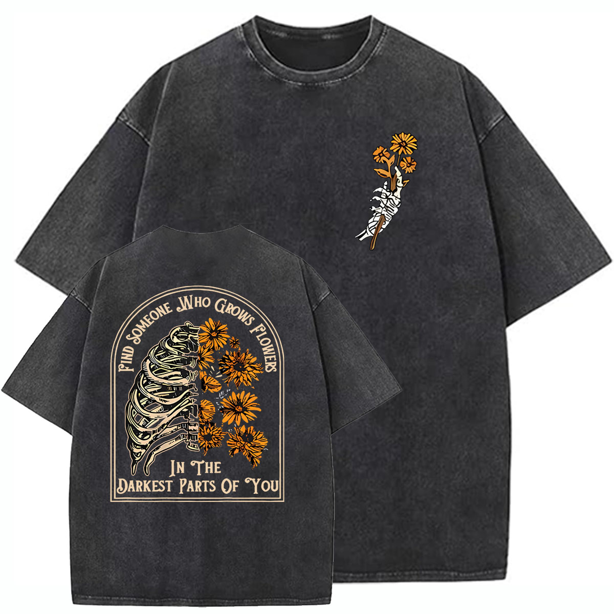 Find Someone Who Grows Flowers Sunflower Pattern  Washed Distressed Crew Neck 100% Cototon T-Shirt