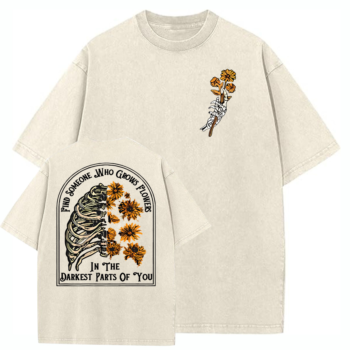 Find Someone Who Grows Flowers Sunflower Pattern  Washed Distressed Crew Neck 100% Cototon T-Shirt