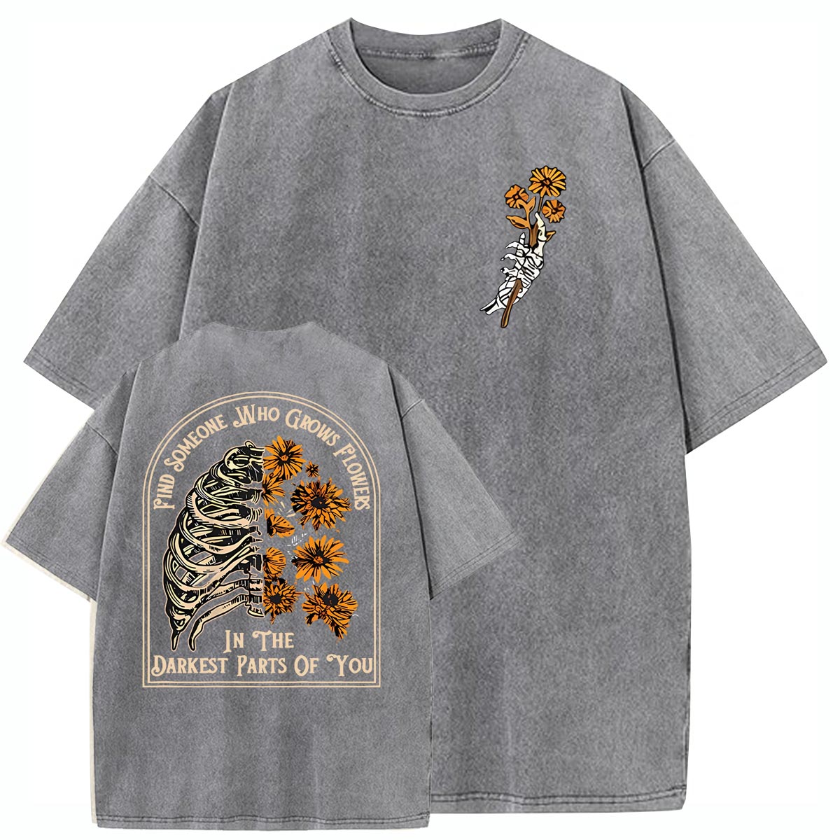 Find Someone Who Grows Flowers Sunflower Pattern  Washed Distressed Crew Neck 100% Cototon T-Shirt