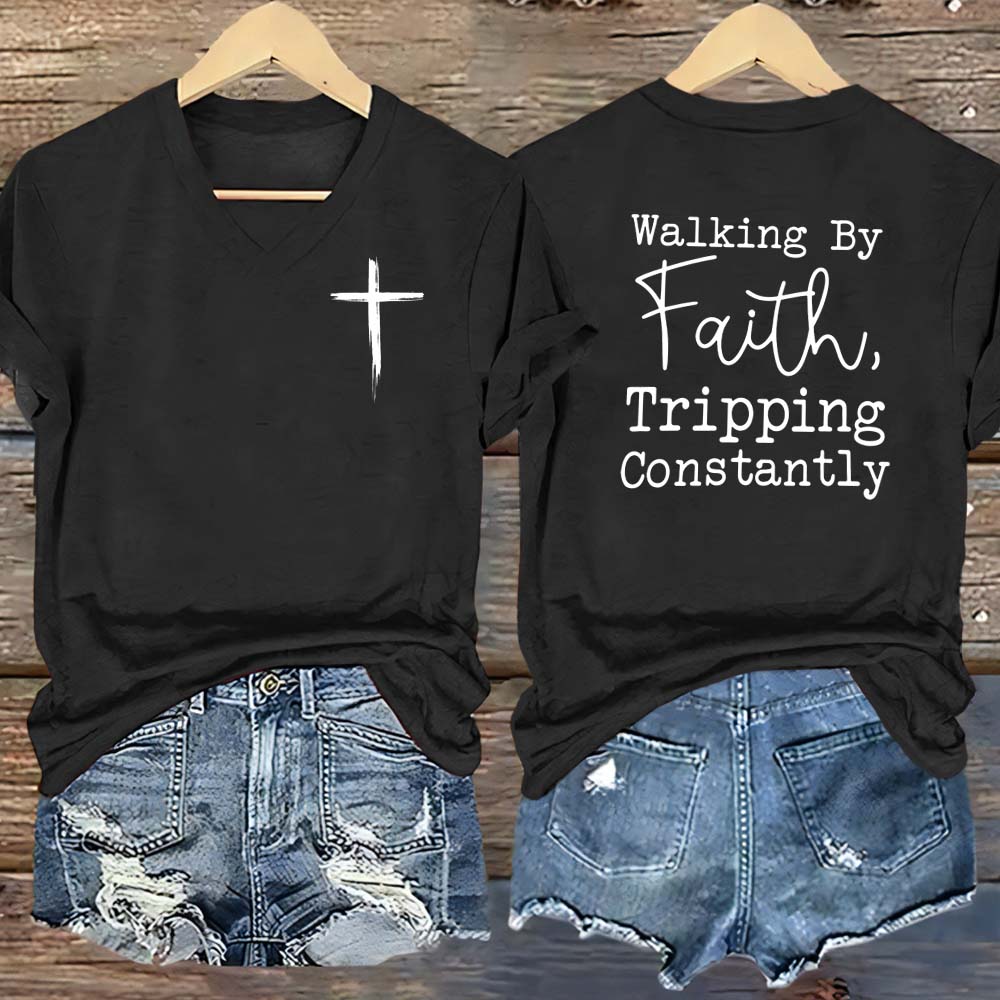 Walking By Faith Pattern Print V Neck Casual T-Shirt