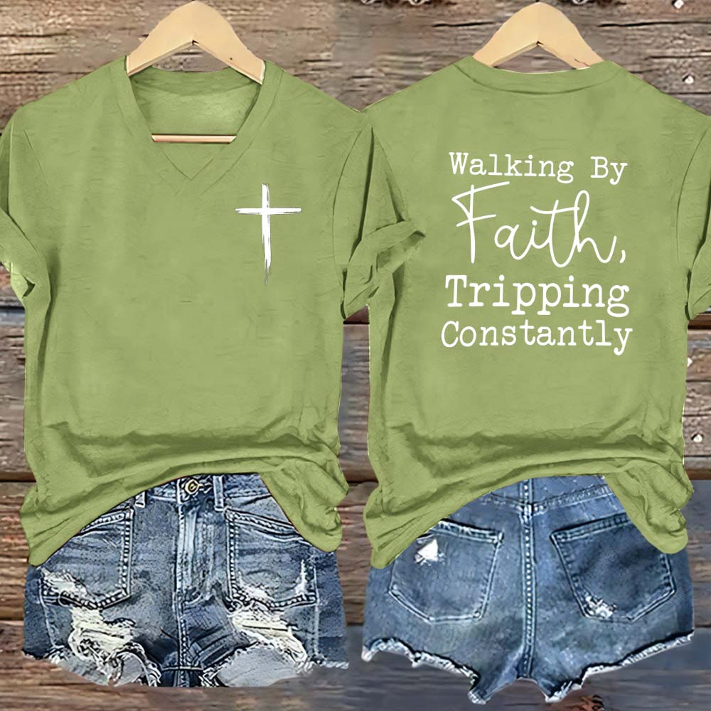 Walking By Faith Pattern Print V Neck Casual T-Shirt