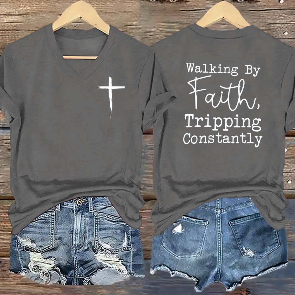 Walking By Faith Pattern Print V Neck Casual T-Shirt