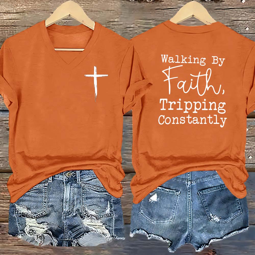 Walking By Faith Pattern Print V Neck Casual T-Shirt