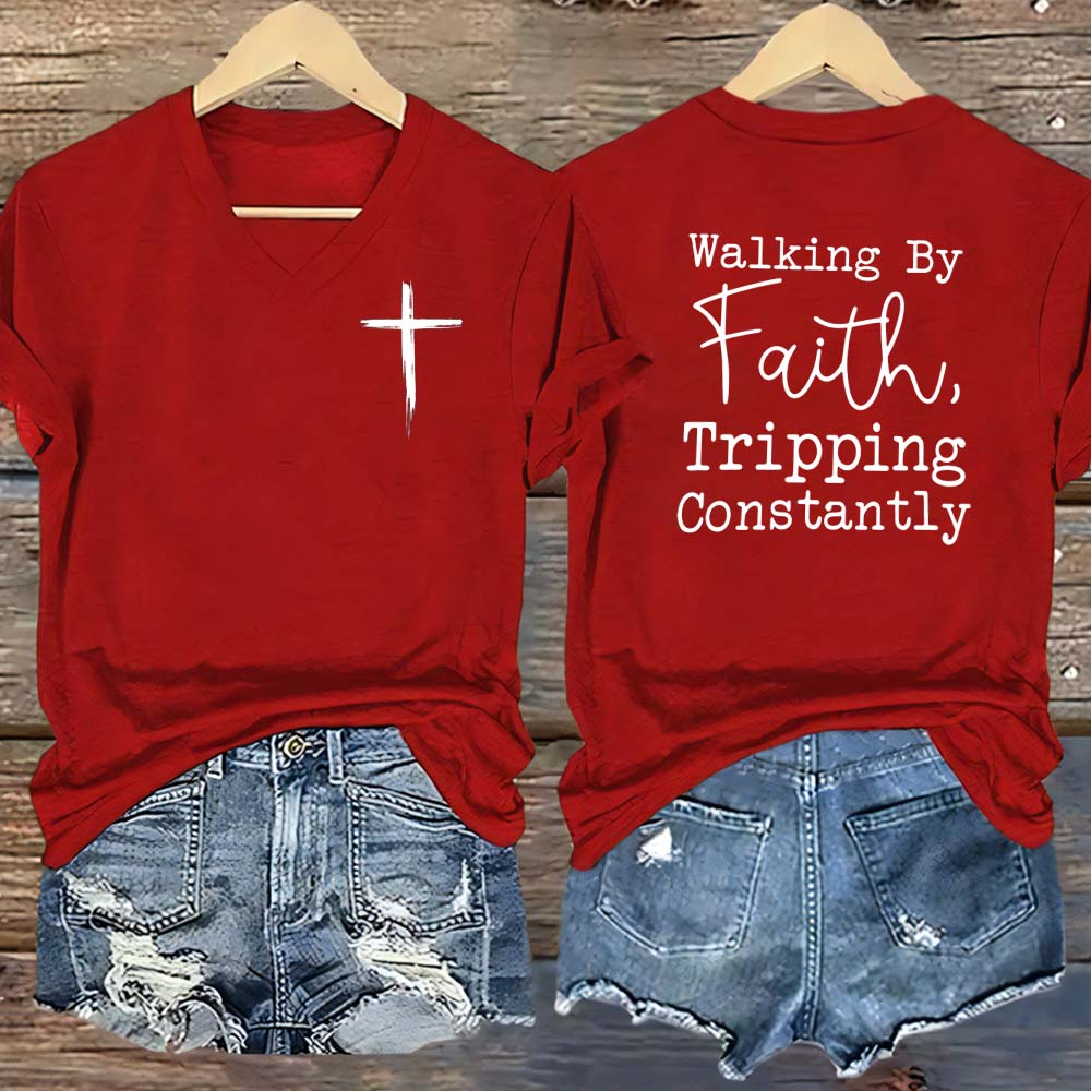 Walking By Faith Pattern Print V Neck Casual T-Shirt