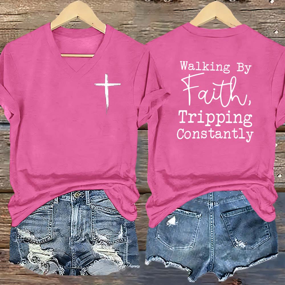 Walking By Faith Pattern Print V Neck Casual T-Shirt
