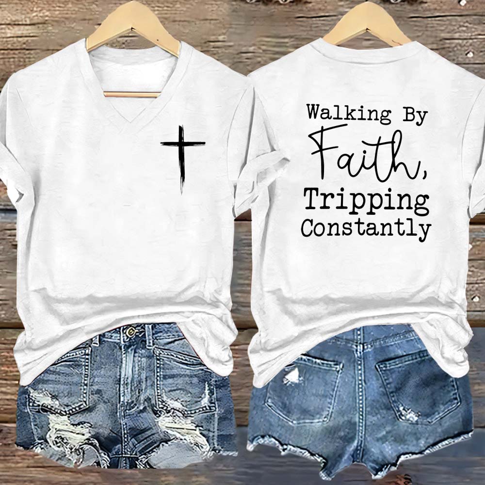 Walking By Faith Pattern Print V Neck Casual T-Shirt