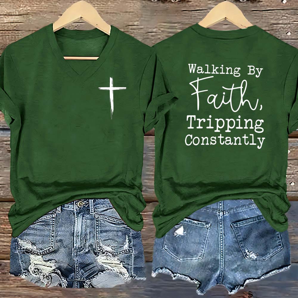 Walking By Faith Pattern Print V Neck Casual T-Shirt
