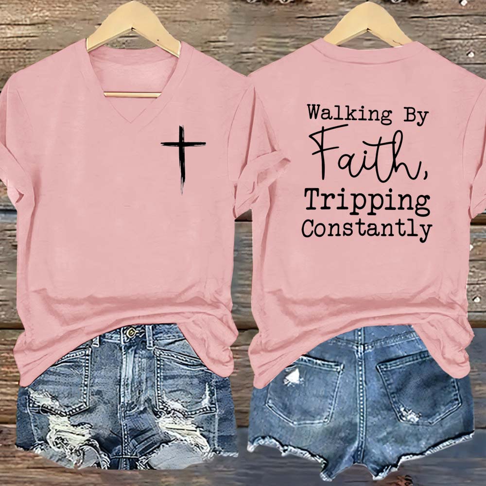Walking By Faith Pattern Print V Neck Casual T-Shirt