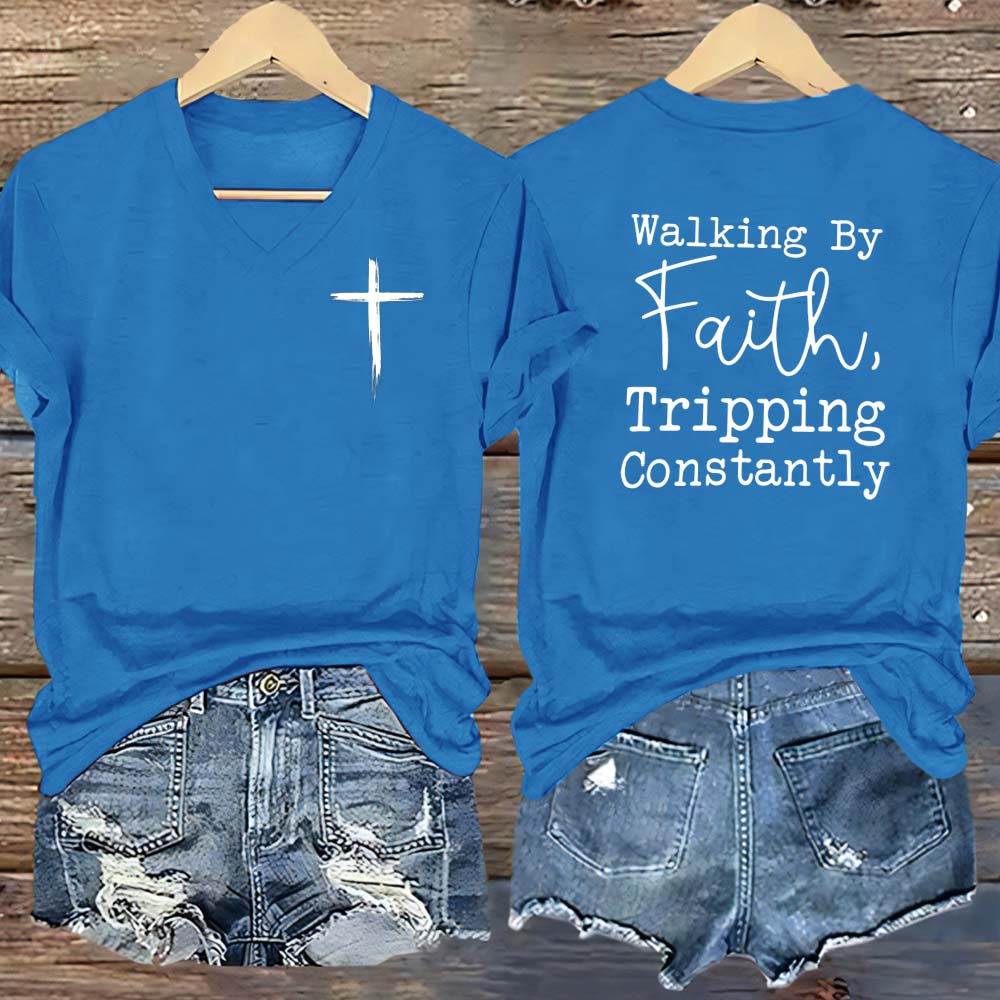 Walking By Faith Pattern Print V Neck Casual T-Shirt