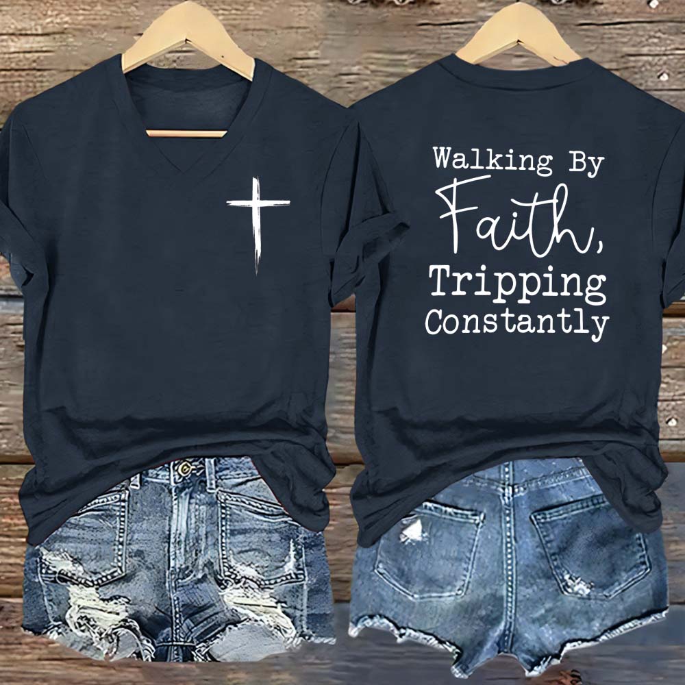 Walking By Faith Pattern Print V Neck Casual T-Shirt