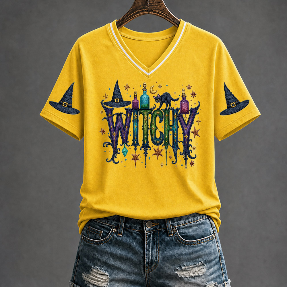 Witchy  Pattern Print V Neck Casual T-Shirt