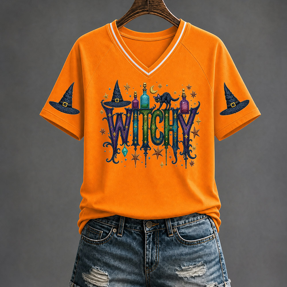 Witchy  Pattern Print V Neck Casual T-Shirt