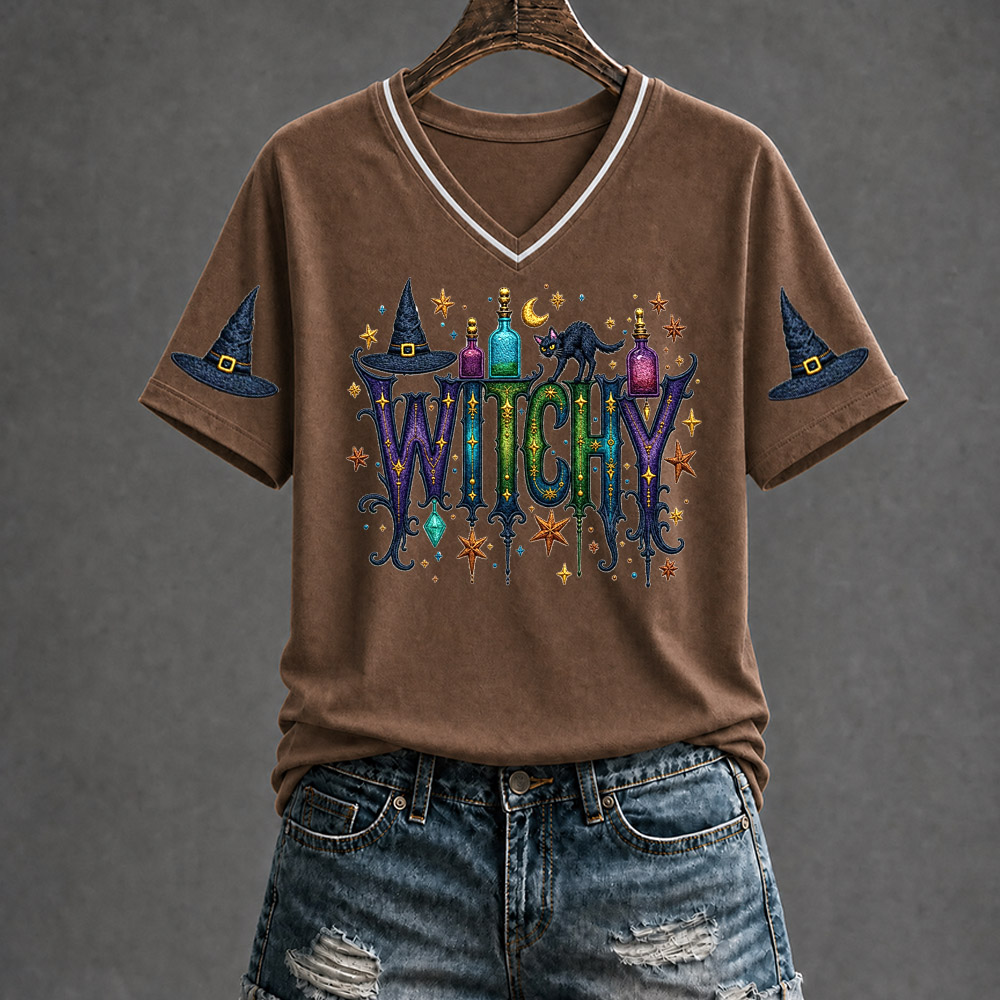 Witchy  Pattern Print V Neck Casual T-Shirt