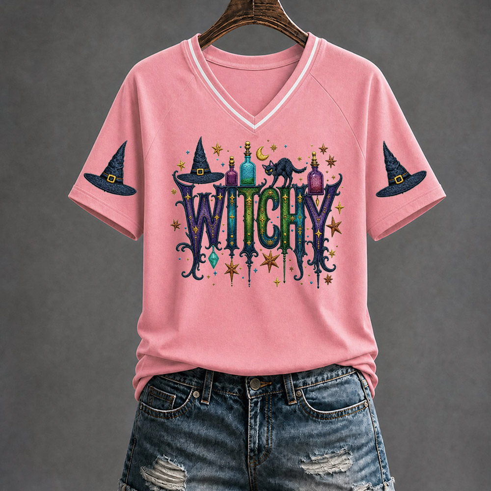 Witchy  Pattern Print V Neck Casual T-Shirt