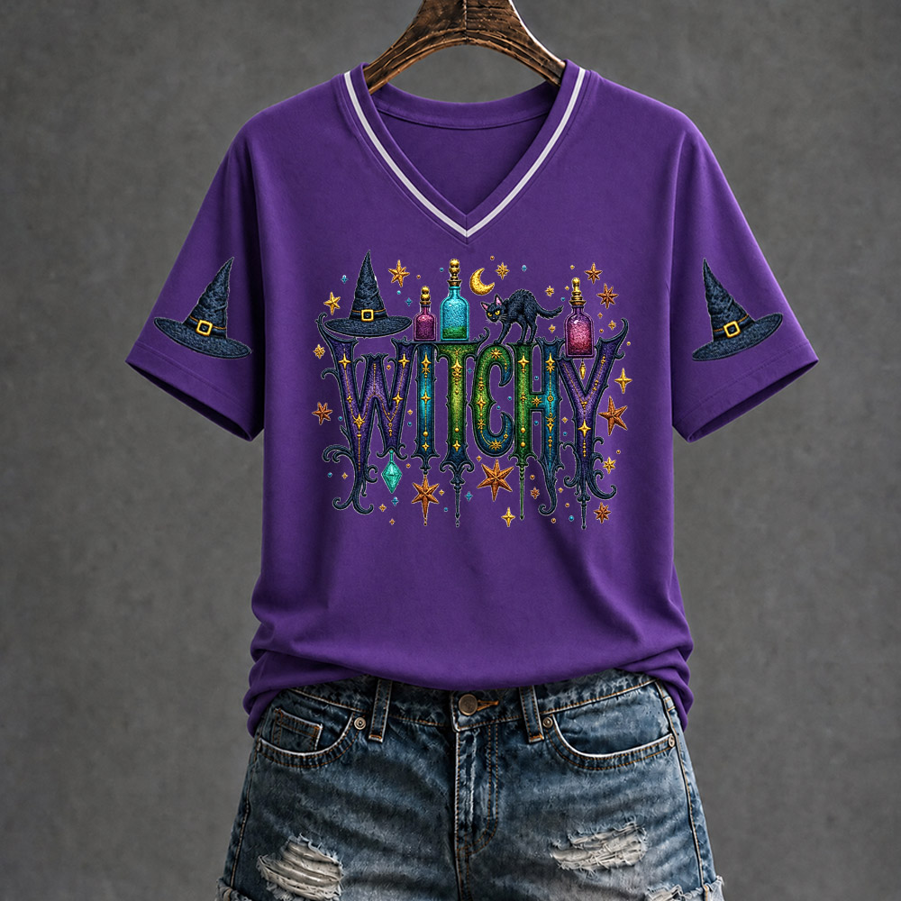 Witchy  Pattern Print V Neck Casual T-Shirt