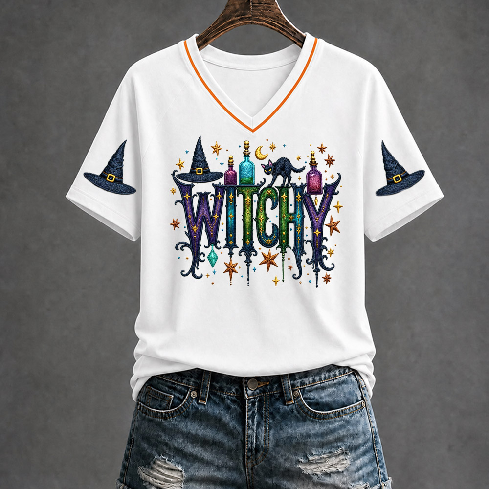 Witchy  Pattern Print V Neck Casual T-Shirt