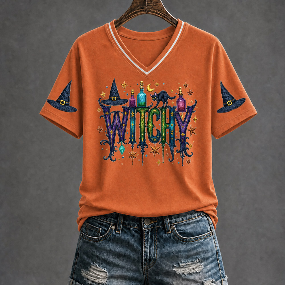 Witchy  Pattern Print V Neck Casual T-Shirt
