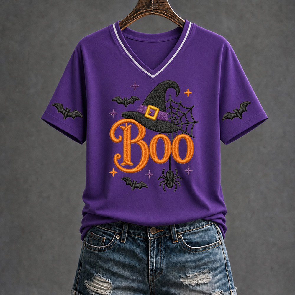 Halloween Boo Pattern Print V Neck Casual T-Shirt