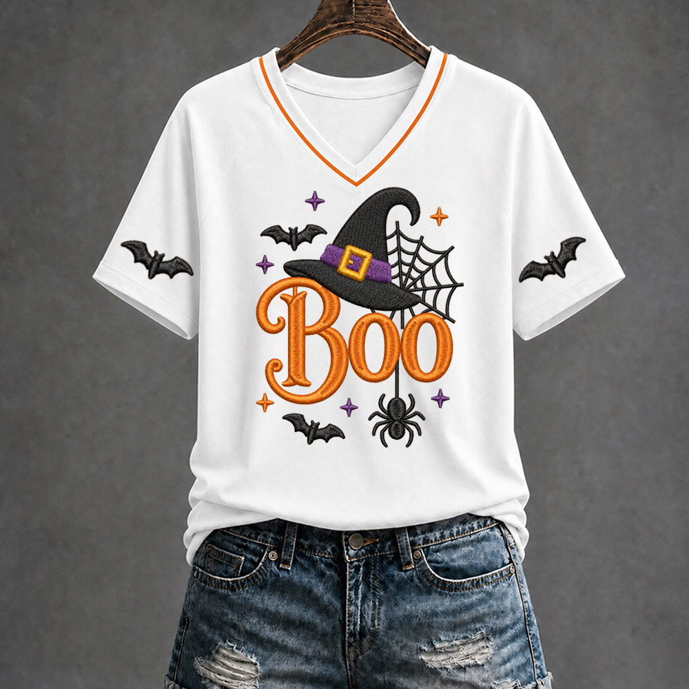 Halloween Boo Pattern Print V Neck Casual T-Shirt