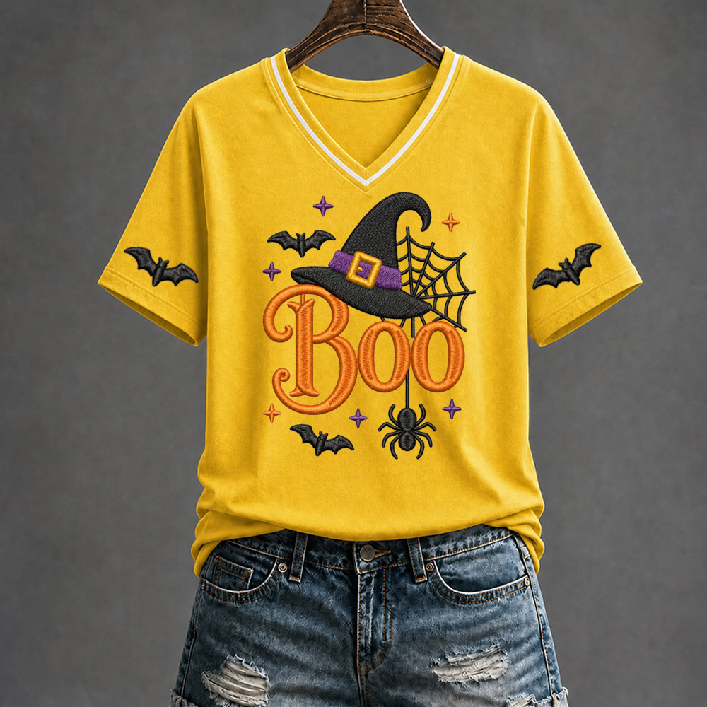 Halloween Boo Pattern Print V Neck Casual T-Shirt