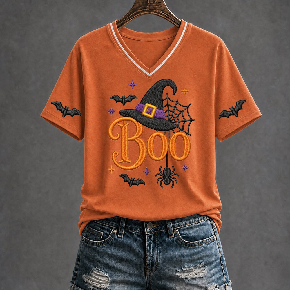 Halloween Boo Pattern Print V Neck Casual T-Shirt