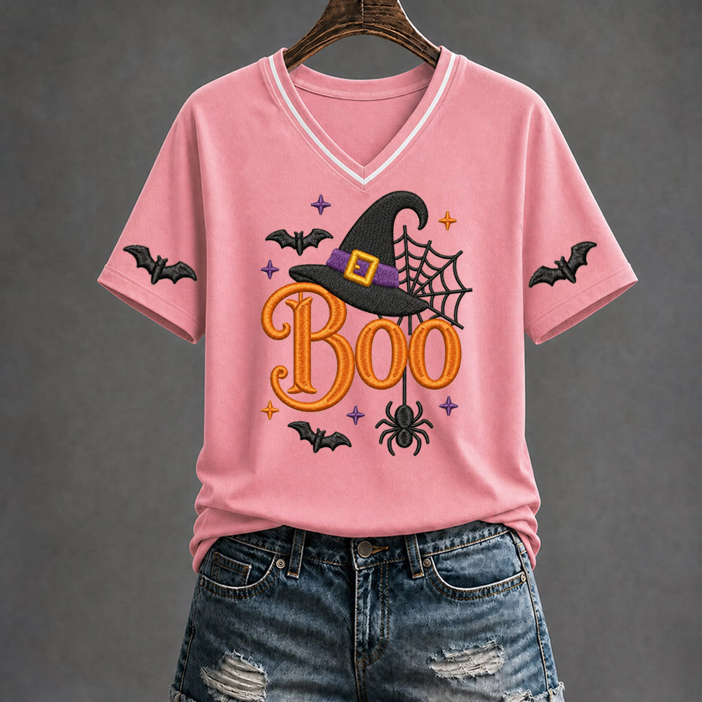 Halloween Boo Pattern Print V Neck Casual T-Shirt