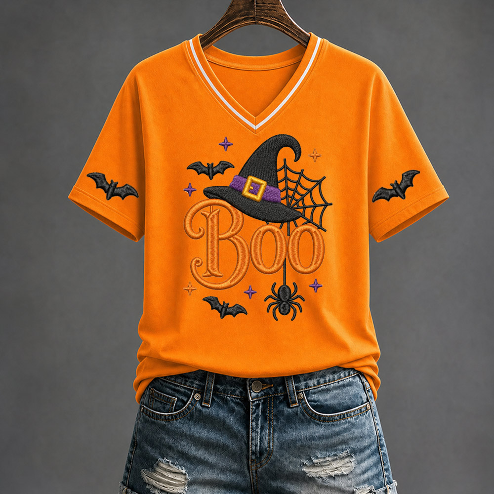 Halloween Boo Pattern Print V Neck Casual T-Shirt