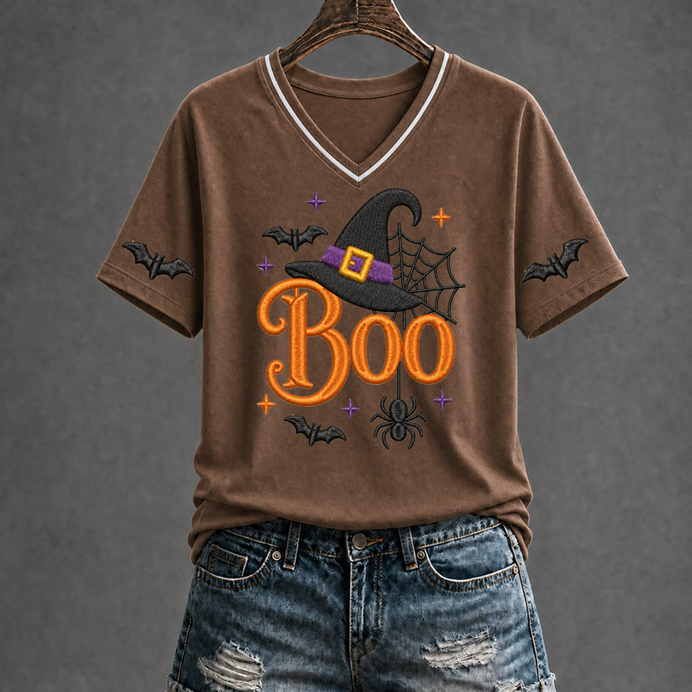 Halloween Boo Pattern Print V Neck Casual T-Shirt