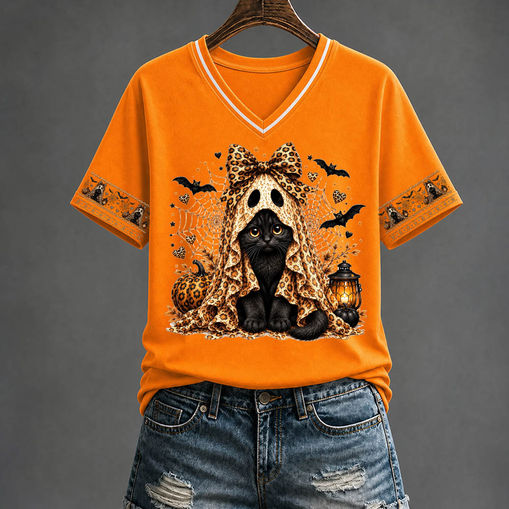 Halloween Kitten Pattern Print V Neck Casual T-Shirt