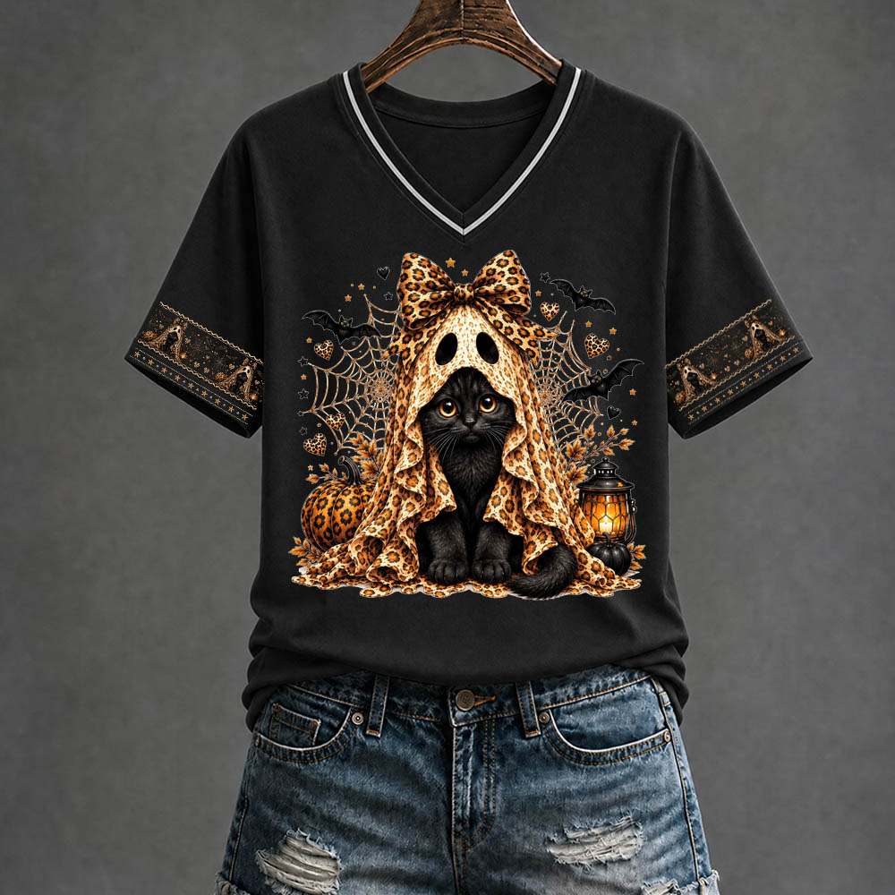 Halloween Kitten Pattern Print V Neck Casual T-Shirt