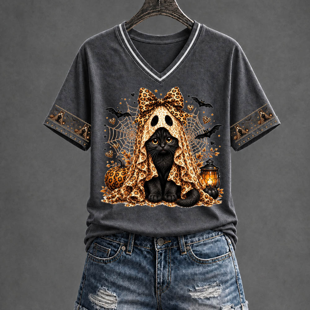 Halloween Kitten Pattern Print V Neck Casual T-Shirt