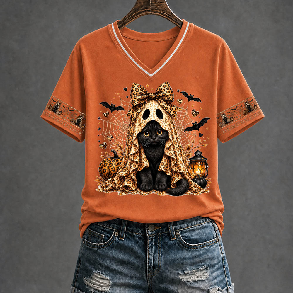Halloween Kitten Pattern Print V Neck Casual T-Shirt