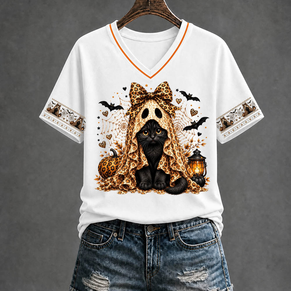 Halloween Kitten Pattern Print V Neck Casual T-Shirt