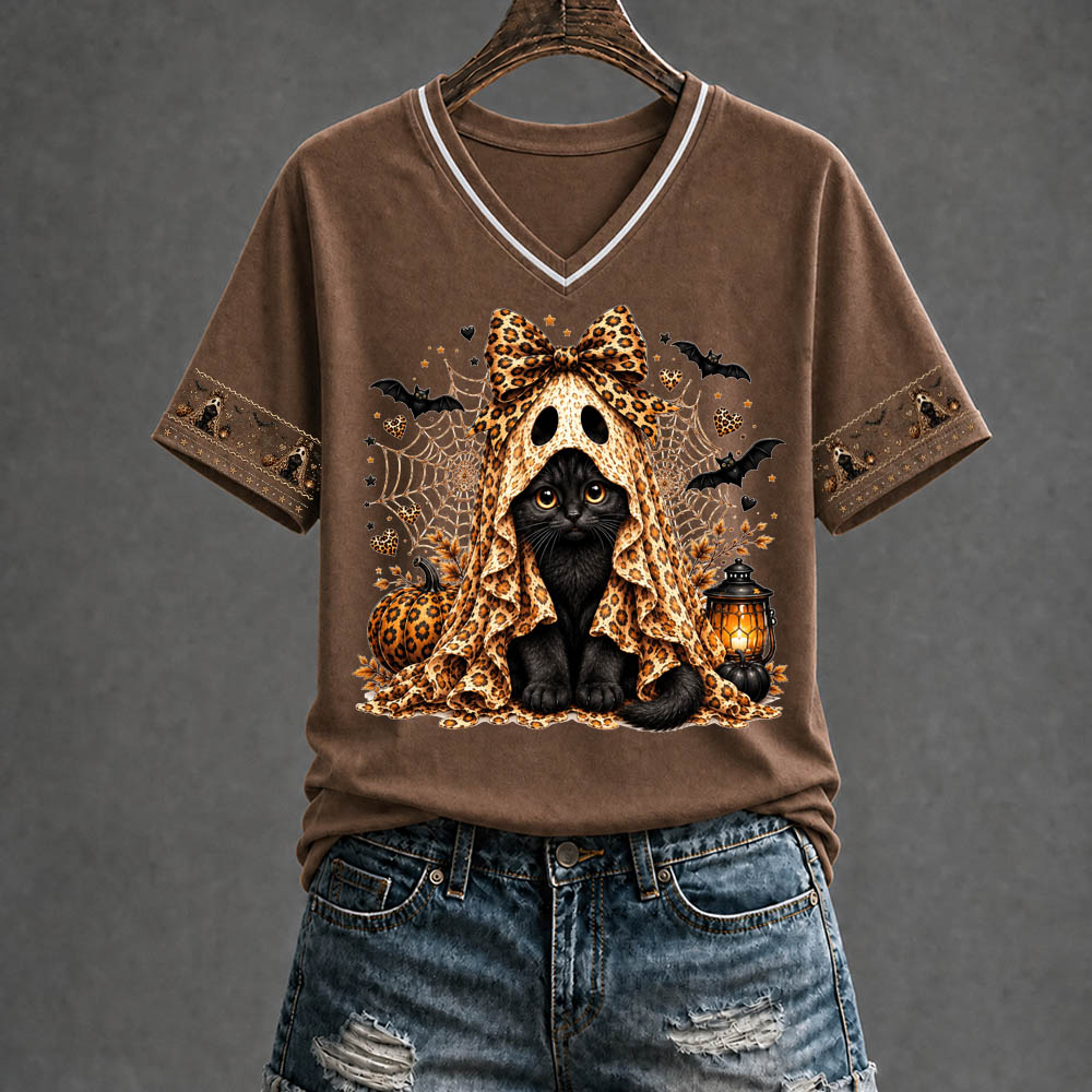 Halloween Kitten Pattern Print V Neck Casual T-Shirt