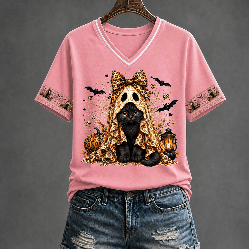 Halloween Kitten Pattern Print V Neck Casual T-Shirt