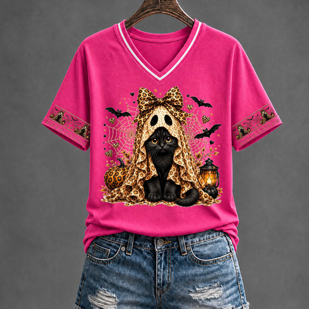 Halloween Kitten Pattern Print V Neck Casual T-Shirt