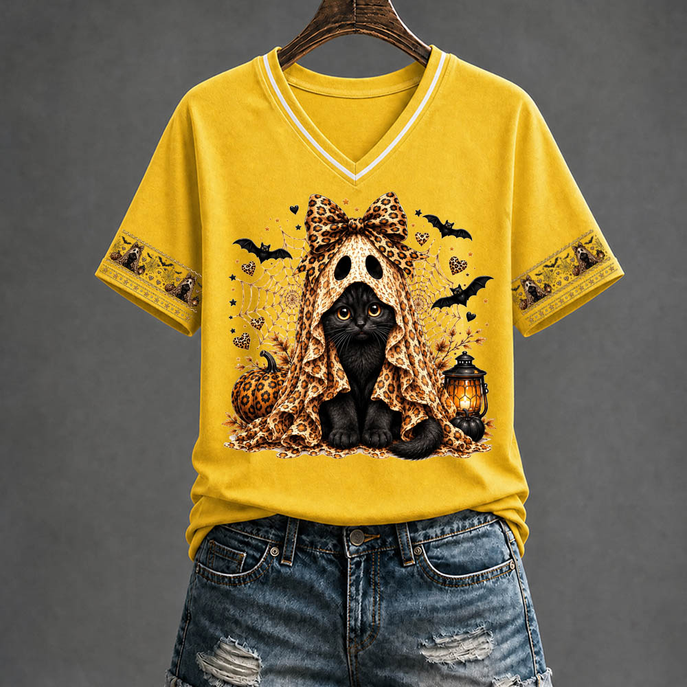 Halloween Kitten Pattern Print V Neck Casual T-Shirt