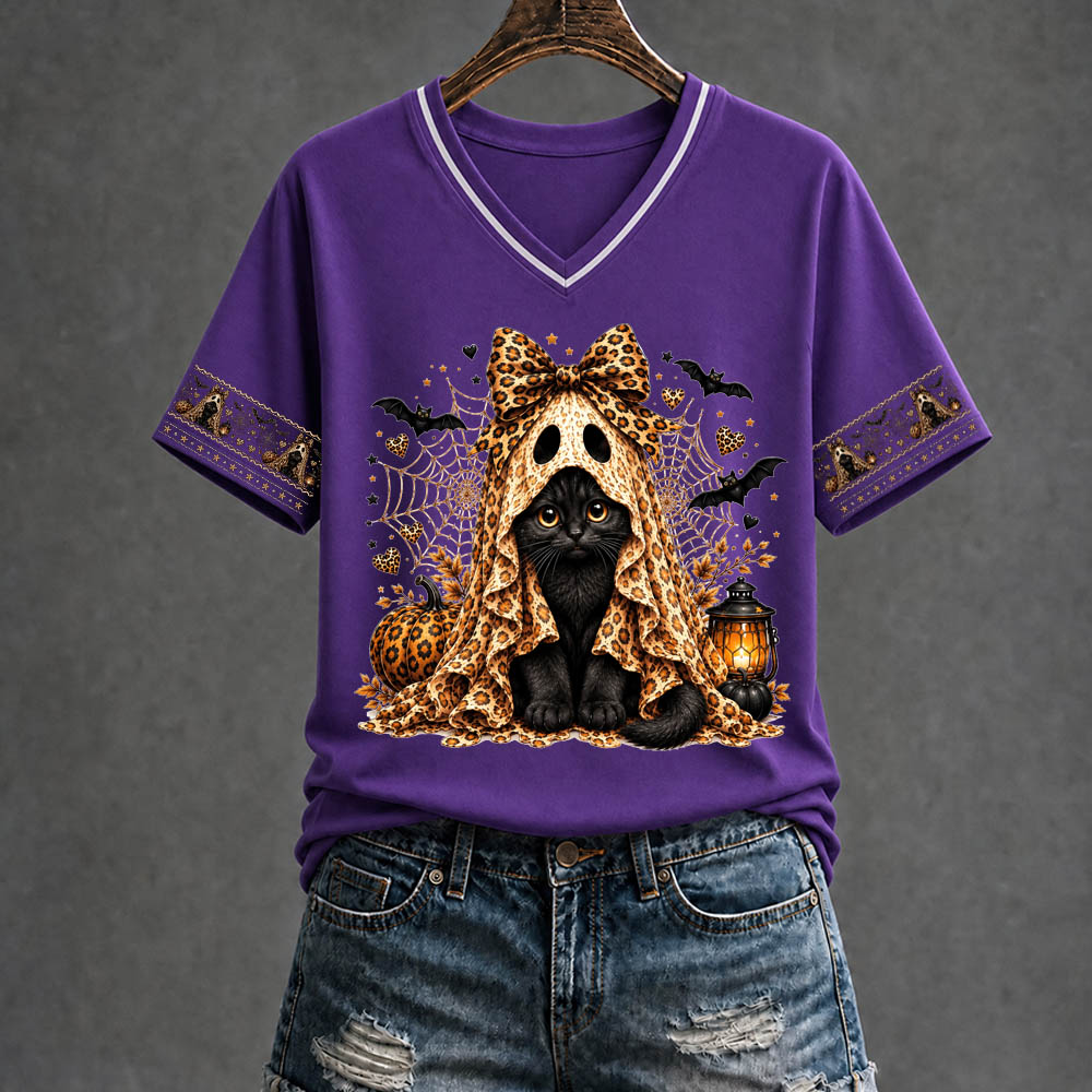 Halloween Kitten Pattern Print V Neck Casual T-Shirt