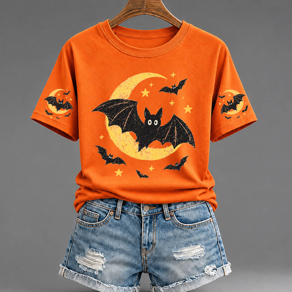 Women's Halloween Bat Pattern Round-Neck  Cotton T-Shirt