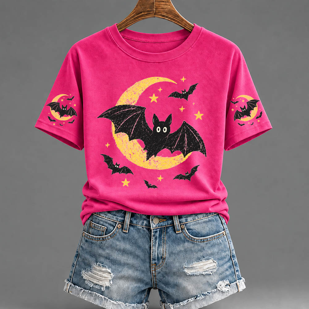 Women's Halloween Bat Pattern Round-Neck  Cotton T-Shirt