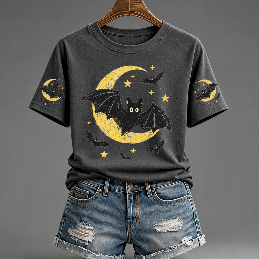 Women's Halloween Bat Pattern Round-Neck  Cotton T-Shirt